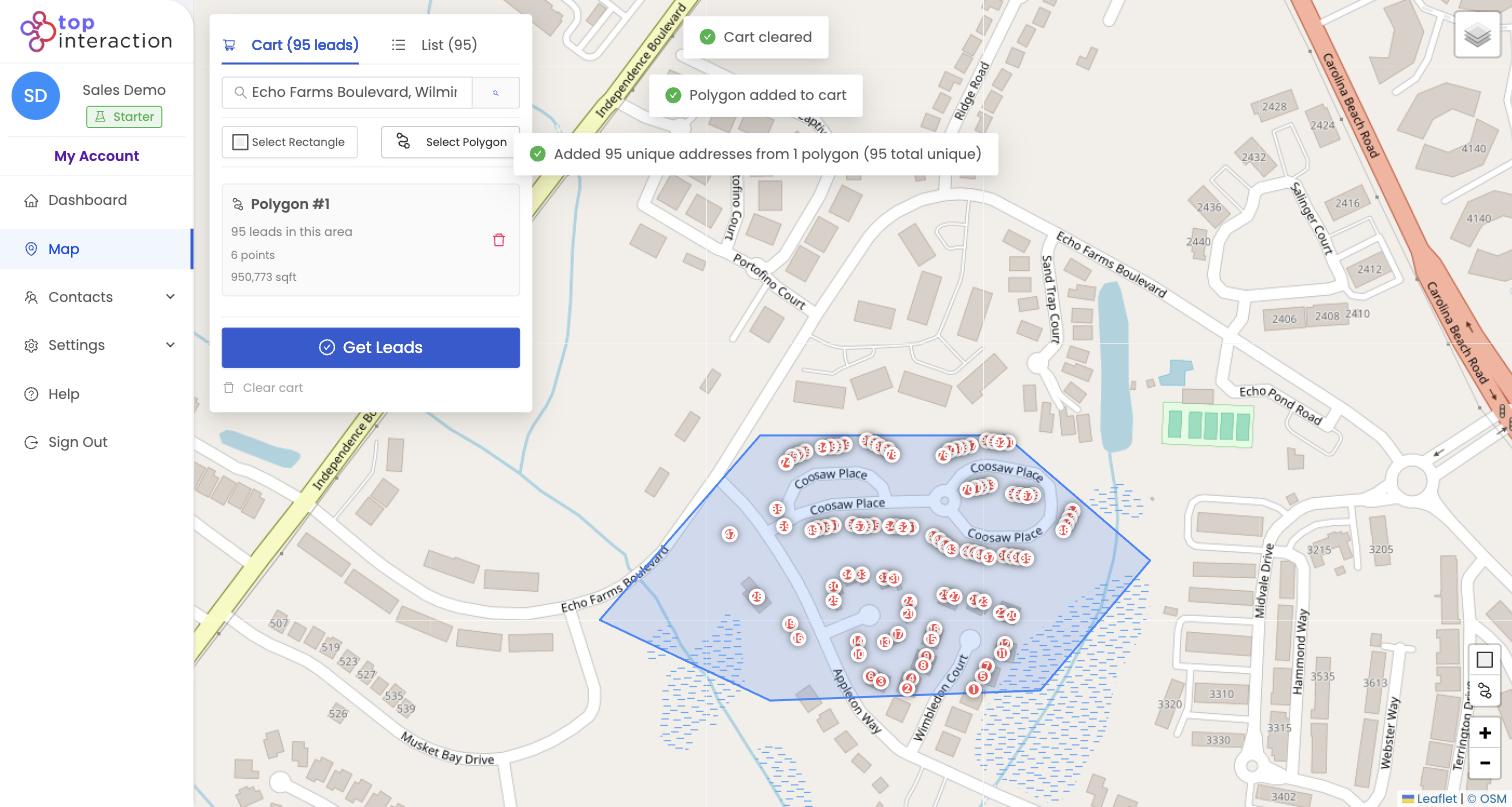 Trace the irregular damage path with a polygon — 95 homes captured across the swath.