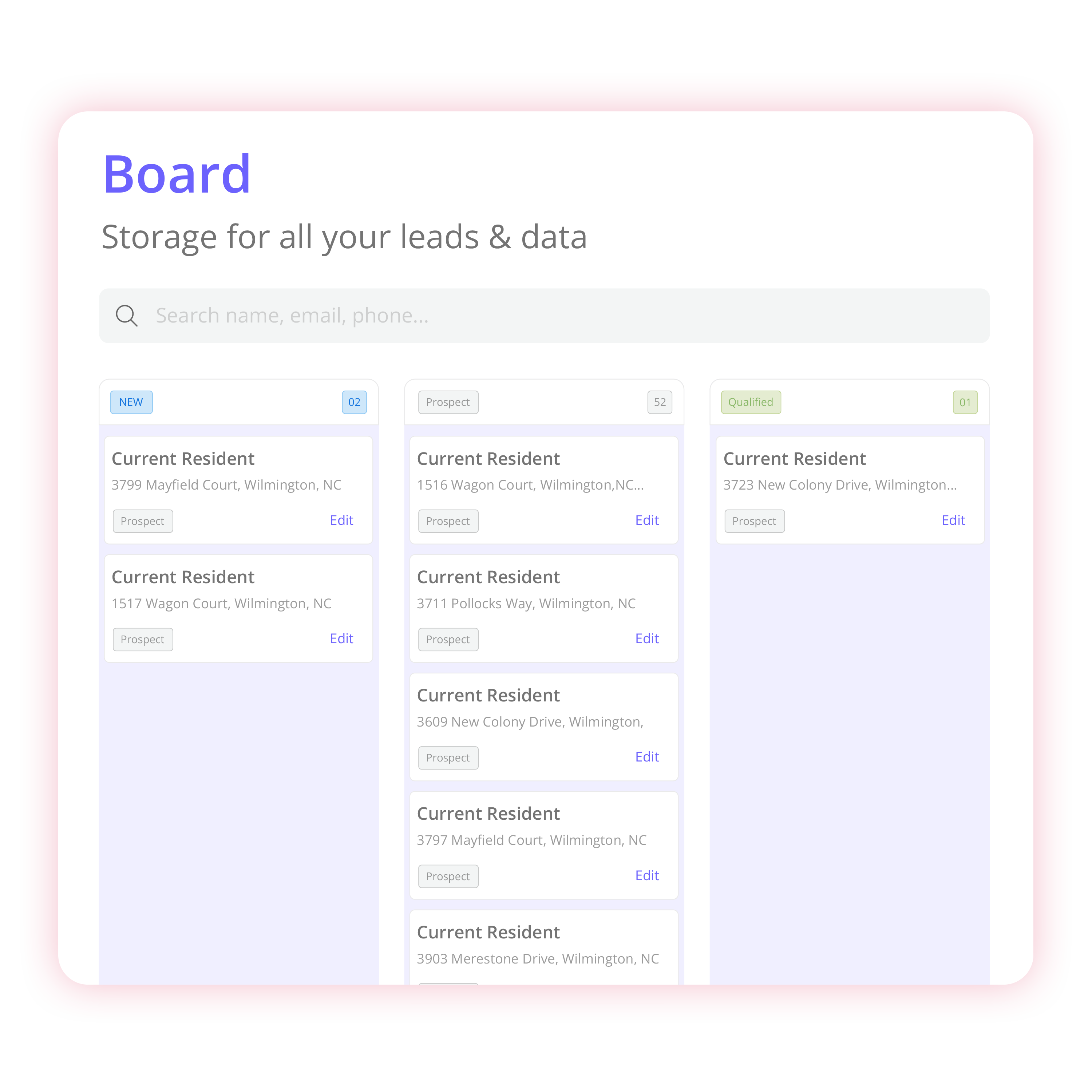 Lite CRM board for moving prospects through outreach stages